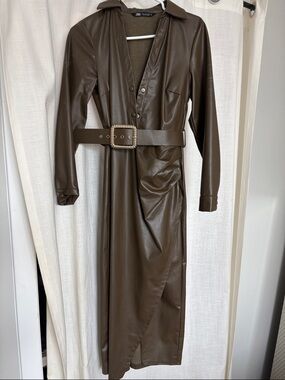 Zara Army Green Faux-Leather Long-Sleeve Belted Maxi Dress